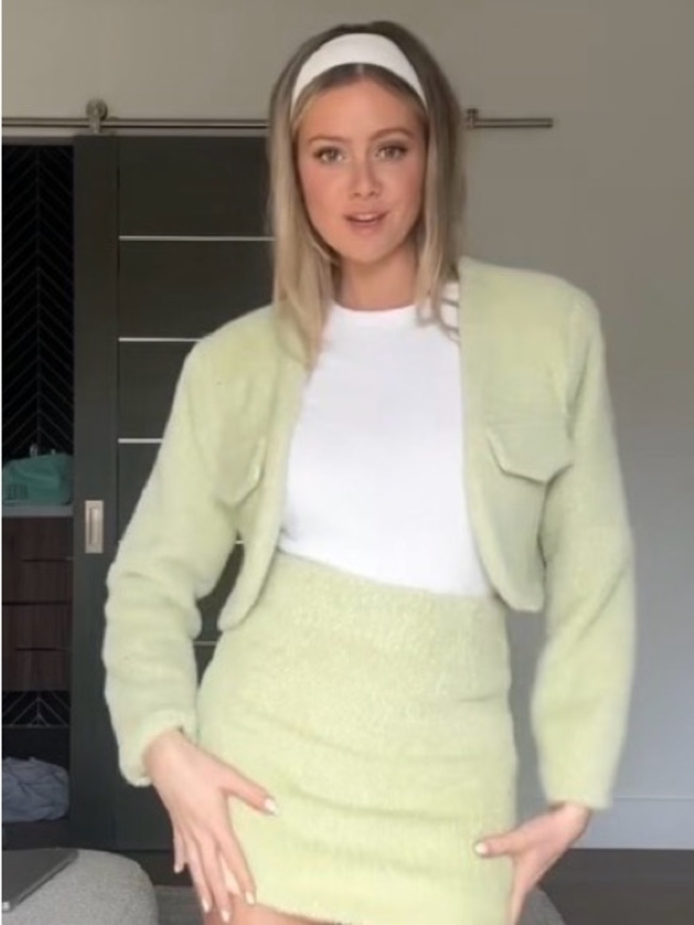 storets Light Lime Bouclé Cropped Cardigan and Mini Skirt Set #93